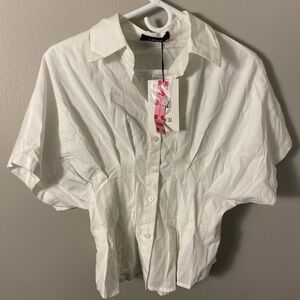 Cider linen-blend collar V-neck pleated short sleeve shirt S NWT
